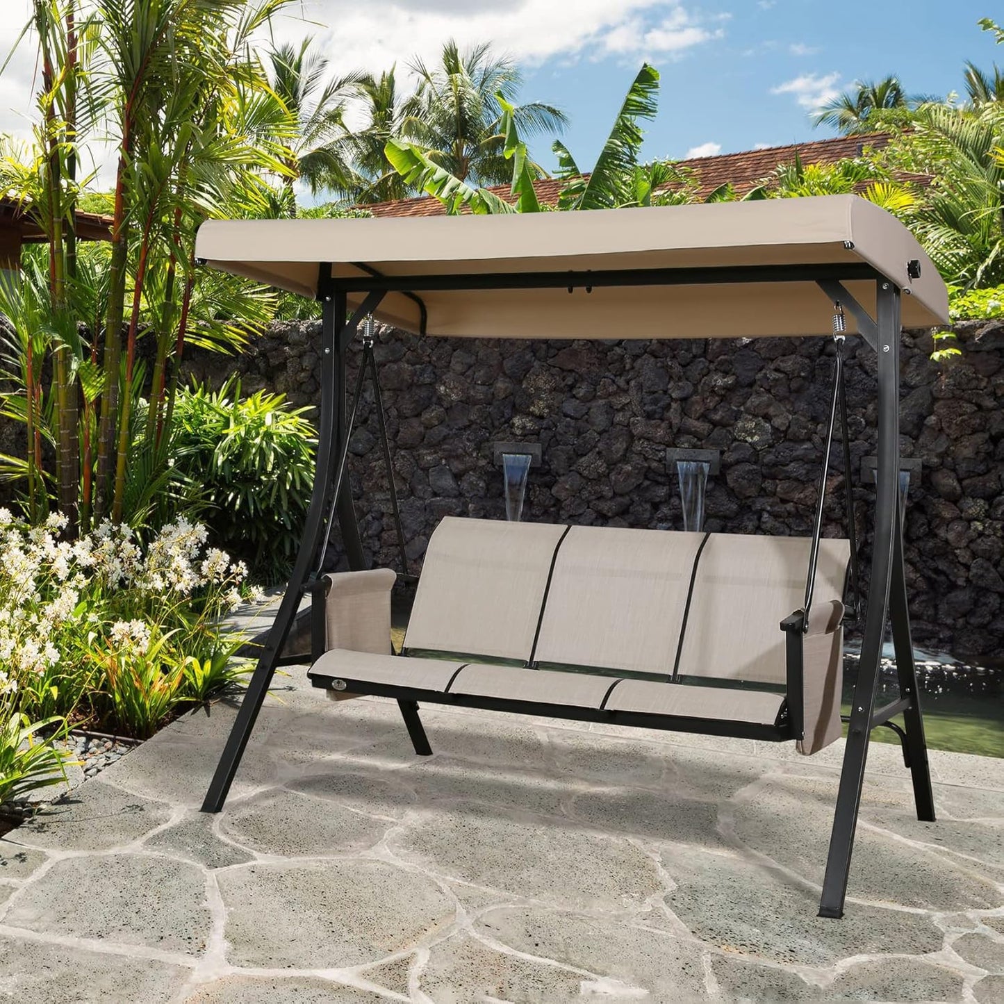 3-Seater Outdoor Porch Swing Patio Hammock Swing Glider Bench with Adjustable Canopy(Tan)