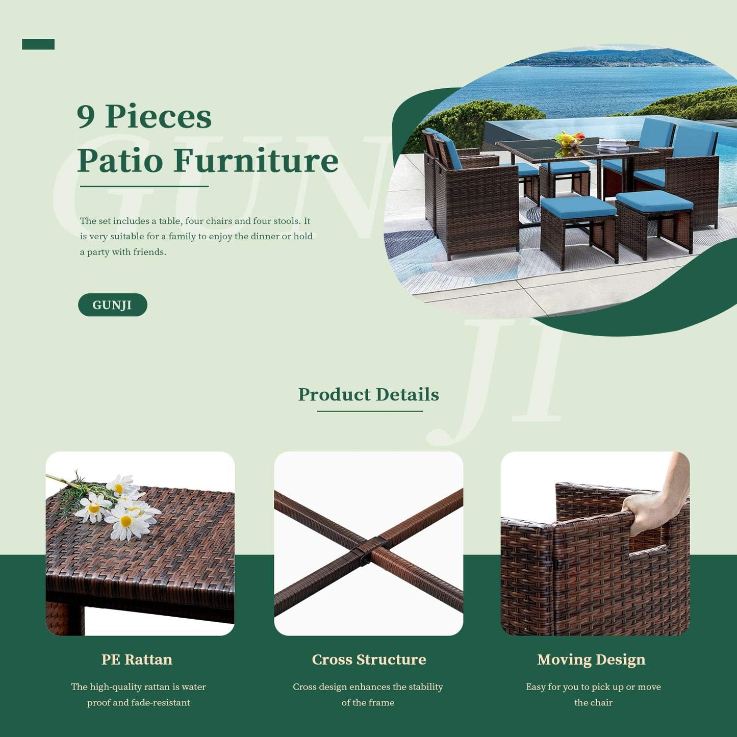 9 Pieces Patio Dining Outdoor Table and Chairs Table Set with Space Saving Rattan Chairs Patio Furniture Sets Cushioned Seating and Back (Blue)