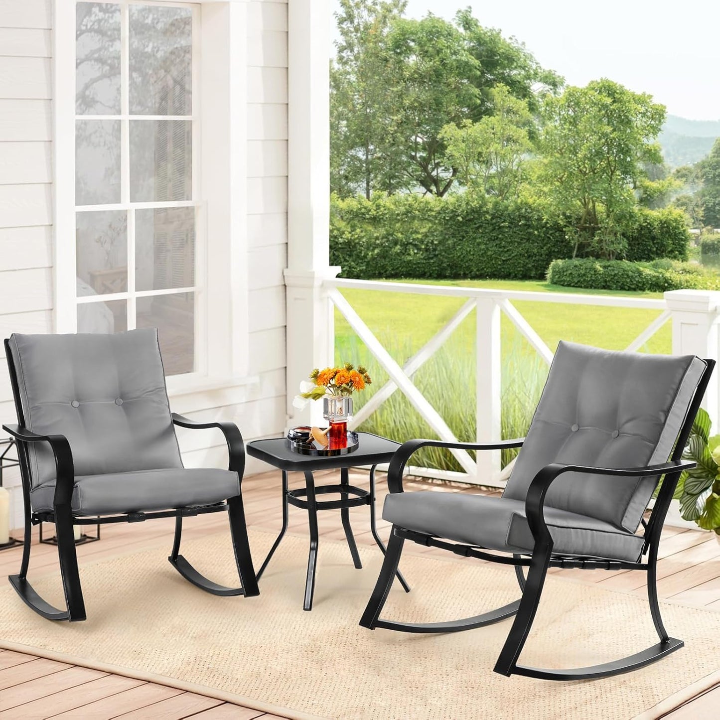 3-Piece Outdoor Rocking Chairs Bistro Set, Black Iron Patio Furniture with Gray Thickened Cushion & Glass-Top Coffee Table