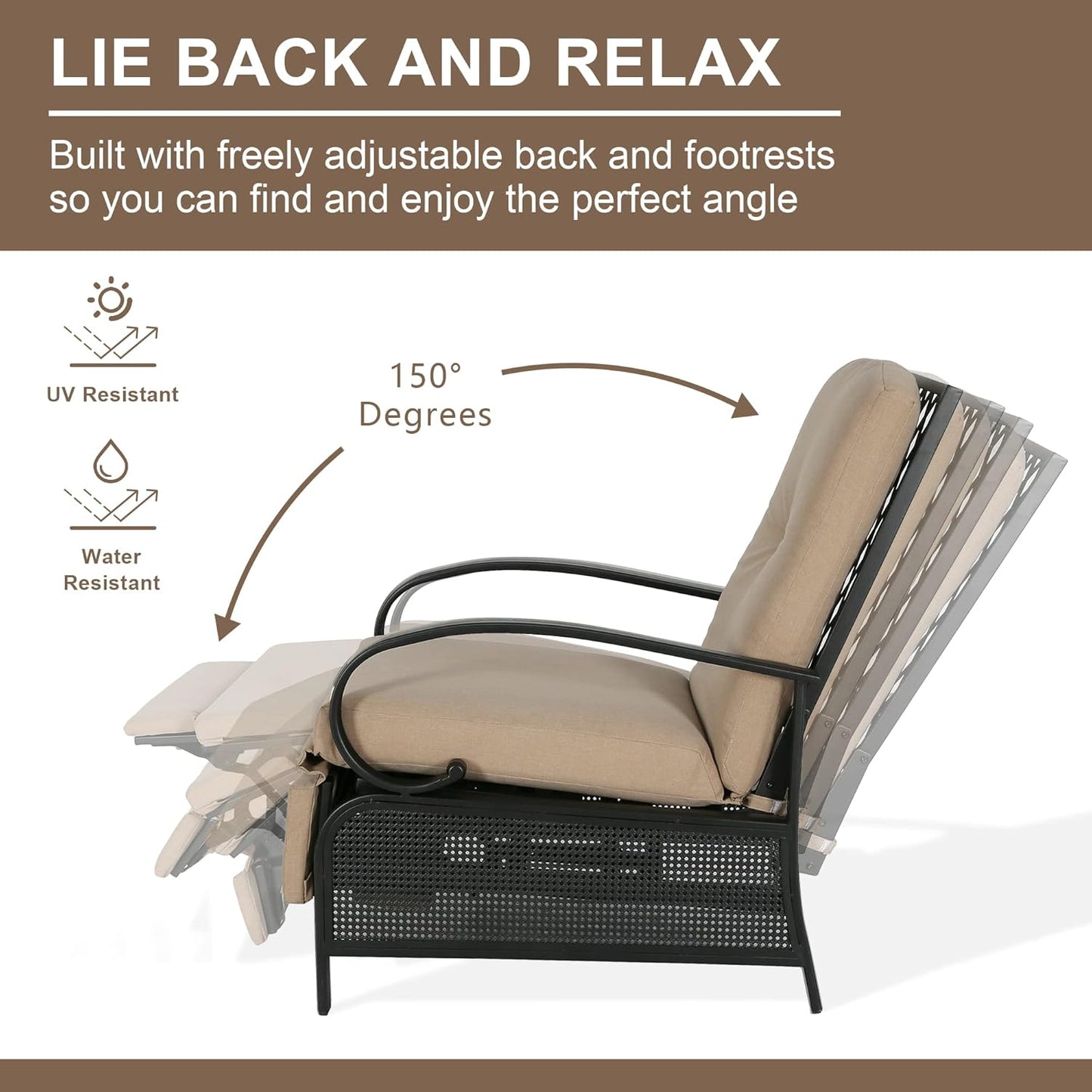 Adjustable Outdoor Reclining Lounge Chair Patio Recliner Chair with Strong Extendable Metal Frame and Removable Cushions for Outdoor Reading or Relaxation (Beige) (NPT237)