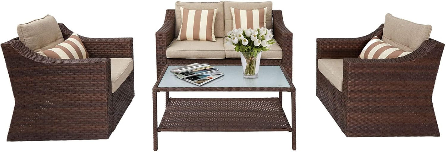 Outdoor Furniture 4-Piece Conversation Furniture Set All Weather Brown Wicker with Beige Cushions & Sophisticated Glass Coffee Table
