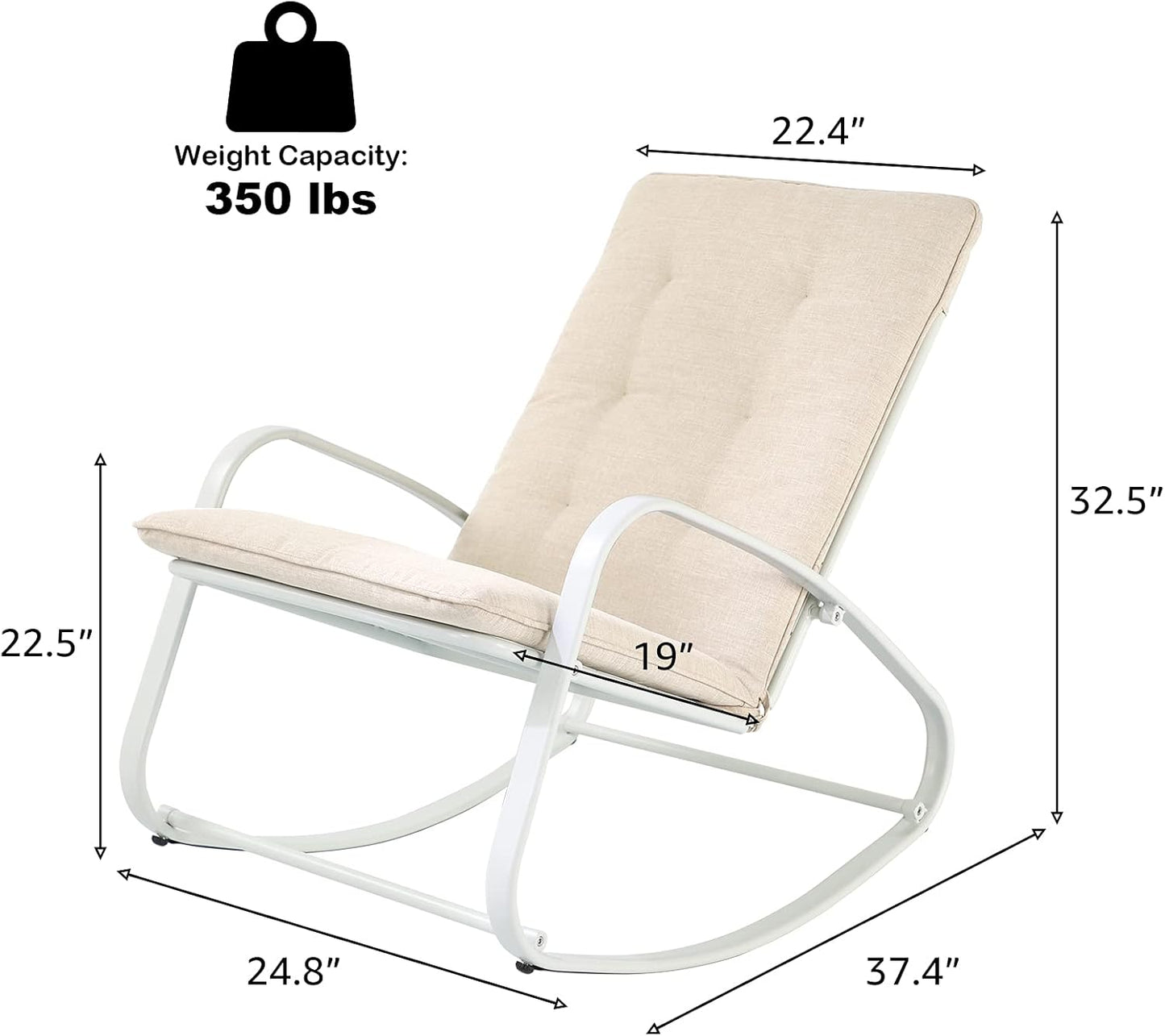Patio Rocking Chair Outdoor Metal Rocker Chairs with Detachable Cushion for Porch, Balcony, Poolside and Indoor Use, 1 PCS, White