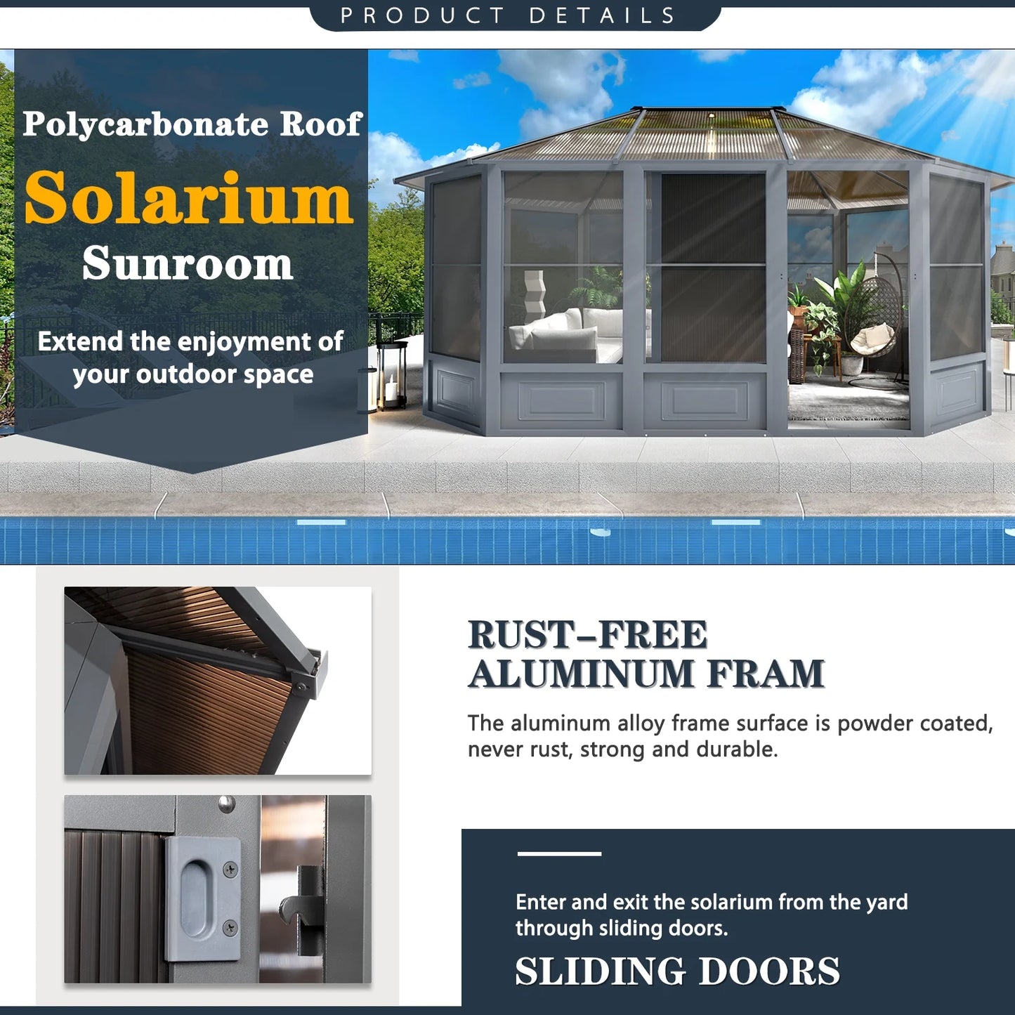 12' X 15' Solarium Sunroom, Outdoor Hardtop Polycarbonate Roof Sun Room, Aluminum Frame Permanent Tiny House with Sliding Doors and Screens,For Garden, Patio, Lawns
