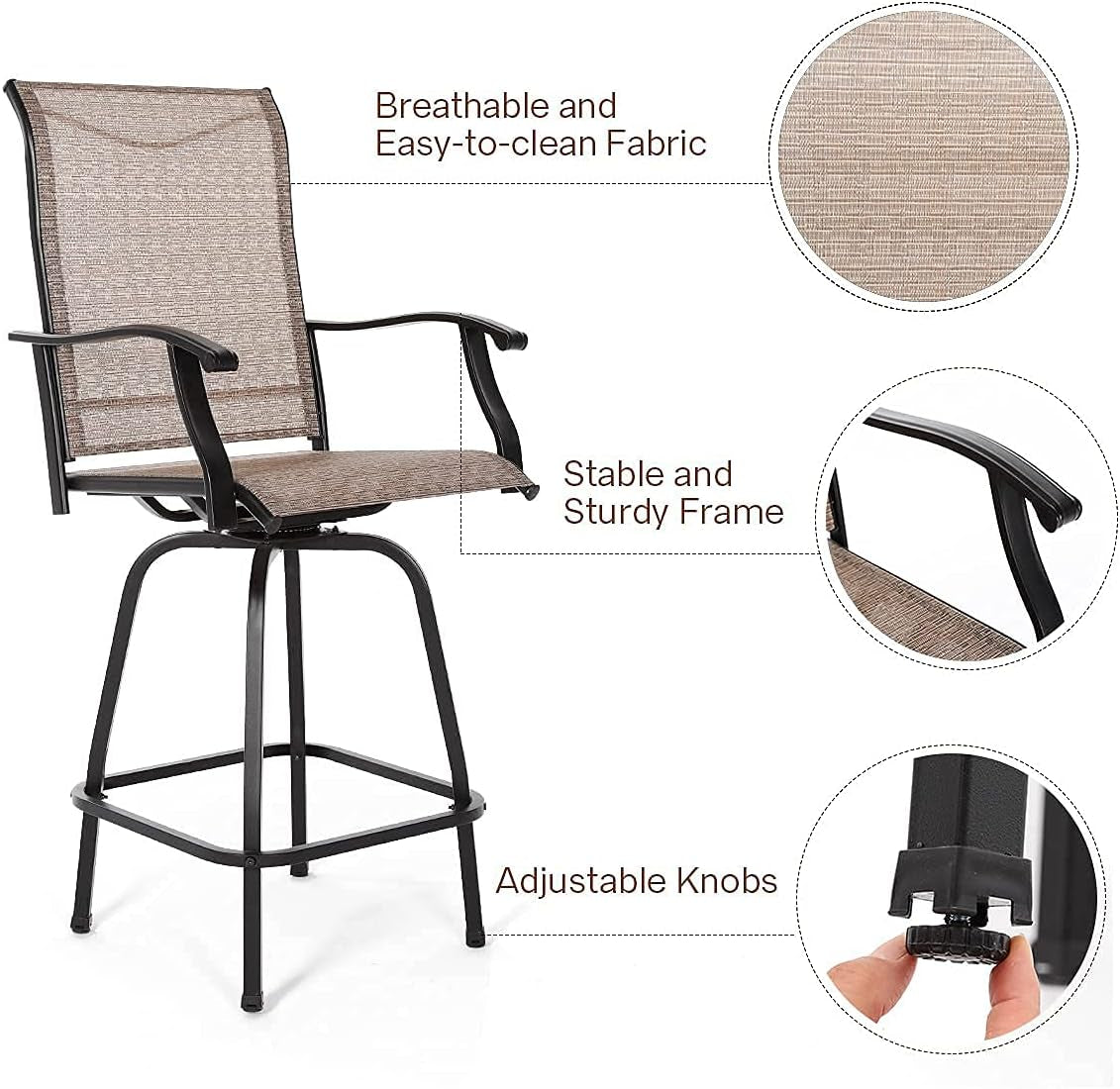 Patio Swivel Bar Stools 2 Pcs, Outdoor Bar Height Patio Chairs, All-Weather Patio Furniture, Brown