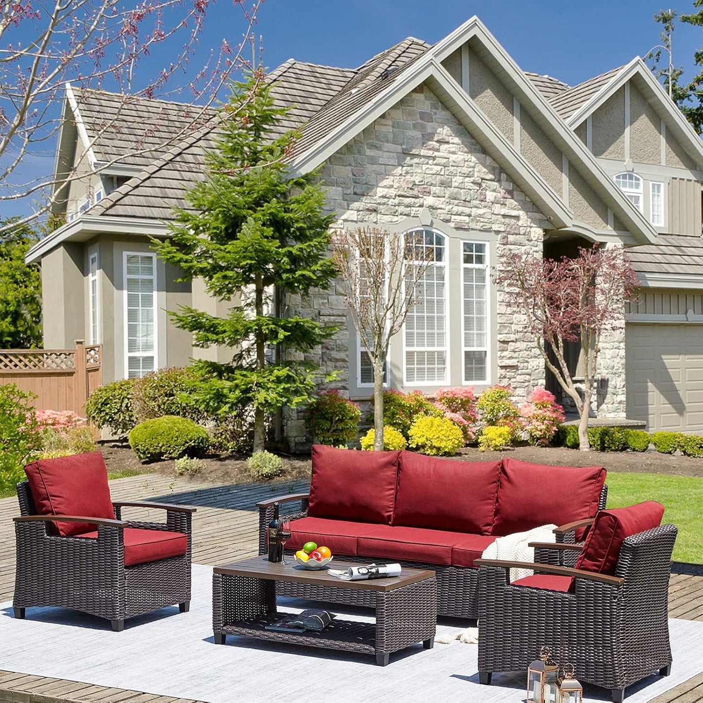 4 Pcs Patio Furniture Sets, Luxurious Retro Wicker Conversation Set, All-Weather Outdoor Sectional Sofa with 5 Seats and Table, Manual Weaving Wicker Rattan for Outdoor, Garden, Red Wine
