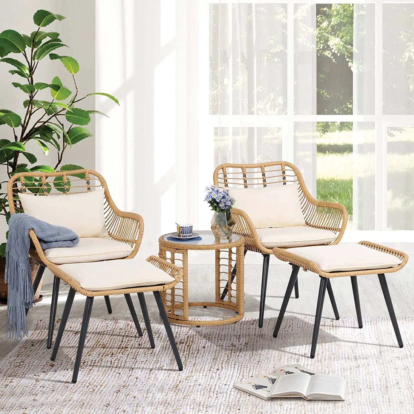 5-Piece Outdoor Wicker Furniture Set, Rattan Bistro All Weather Patio Conversation Set with Ottoman and round Coffee Side Table
