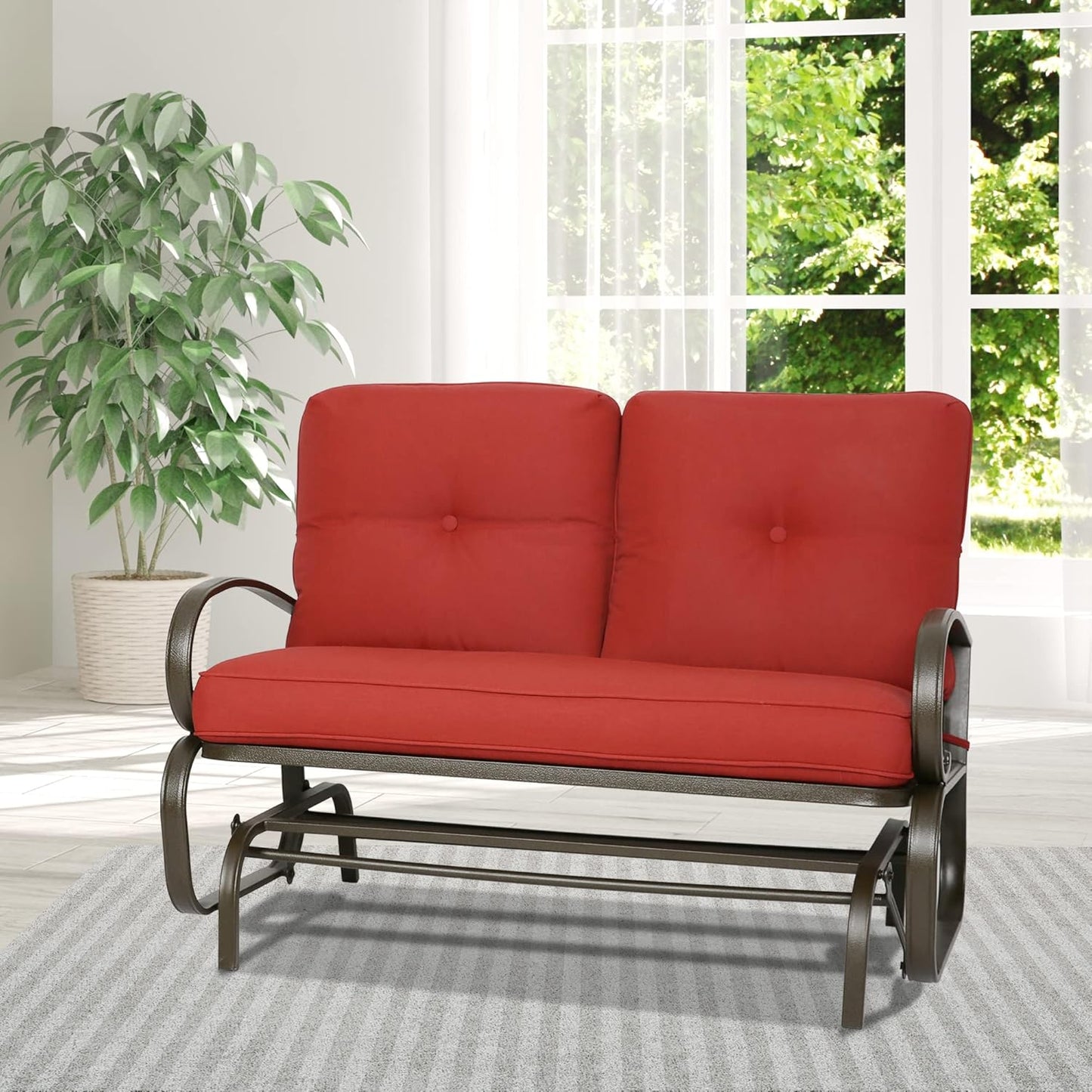 Swing Glider Bench Outdoor Cushioed 2 Person Rocking Chair Garden Loveseat, Brick Red