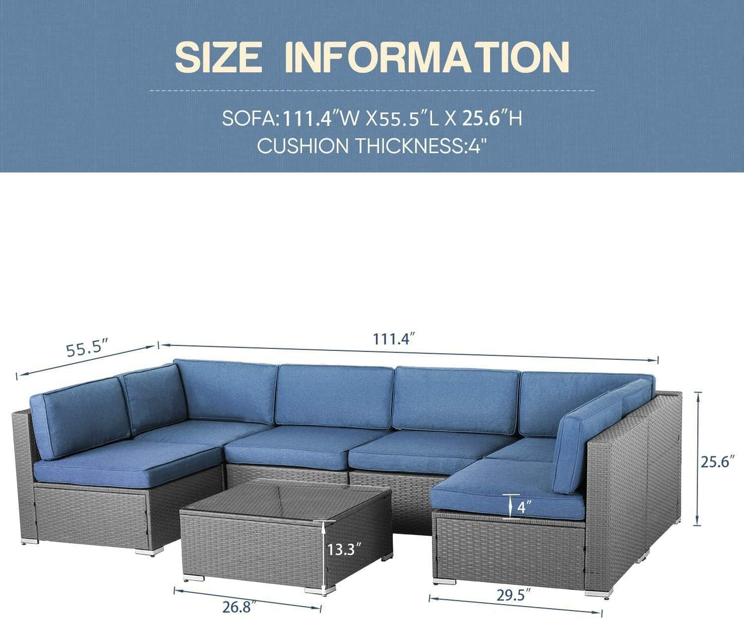 7-Piece Outdoor Furniture Set, Gray Wicker Patio Conversation Set Modular Outdoor Sectional Sofa with YKK Zipper & Coffee Table - Denim Blue