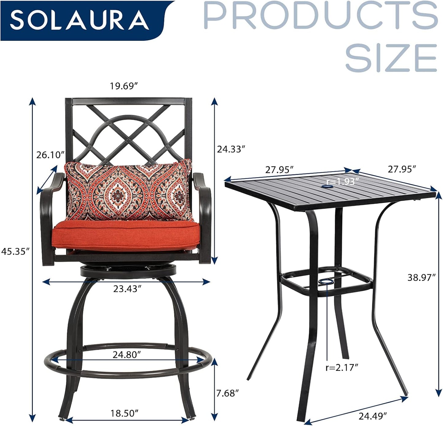 3-Piece Outdoor Patio Swivel Bar Stool Set with Height Outdoor Bar Table (Slat Desktop) and Patio High Swivel Bar Stool Chairs