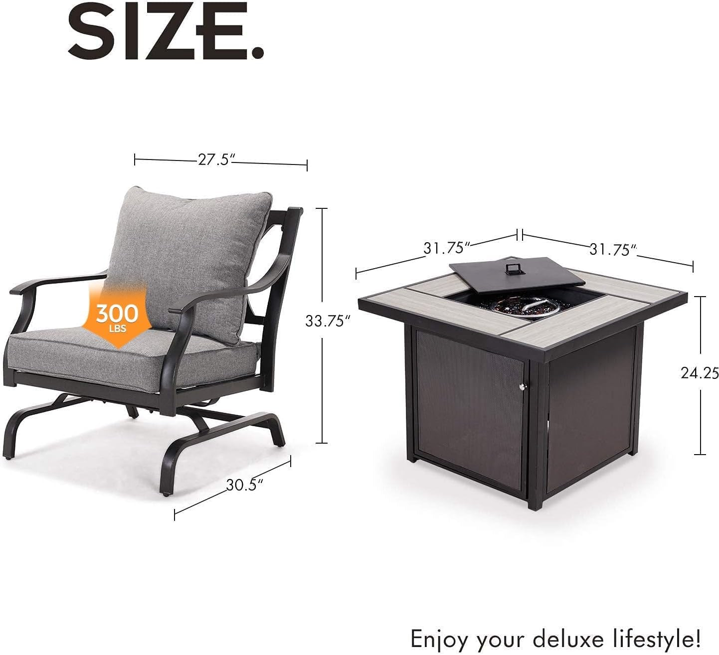 5-Piece Outdoor Furniture Conversation Sets with 32-Inch 40000 BTU Heat Propane Gas Fire Pit Table CSA Approved Ceramic Tile & Grey Olefin Cushion Rocking Chairs