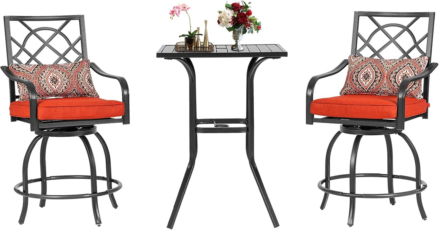 3-Piece Outdoor Patio Swivel Bar Stool Set with Height Outdoor Bar Table (Slat Desktop) and Patio High Swivel Bar Stool Chairs