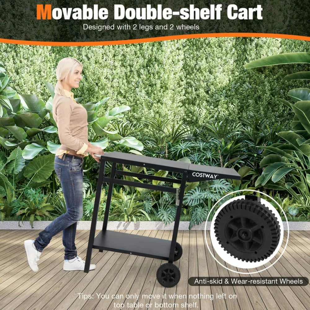 Outdoor Patio Barbecue Cooker, Outdoor Grills,Movable Outdoor Grill Cart with Folding Tabletop and Hooks-Black