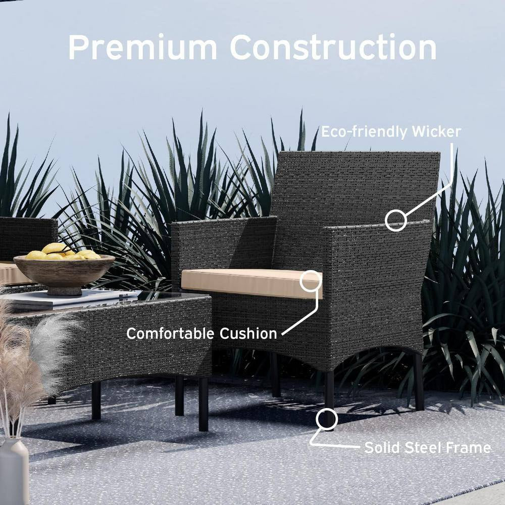 4-Piece Black Patio Outdoor Furniture Wicker Conversation Set with Beige Cushions, 1-Loveseat, 2-Chairs and Coffee Table