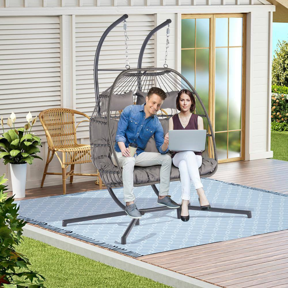 Patio 60.1 In. W 2-Person Wicker Patio Swing Hanging Chair Egg Chair with Cushions