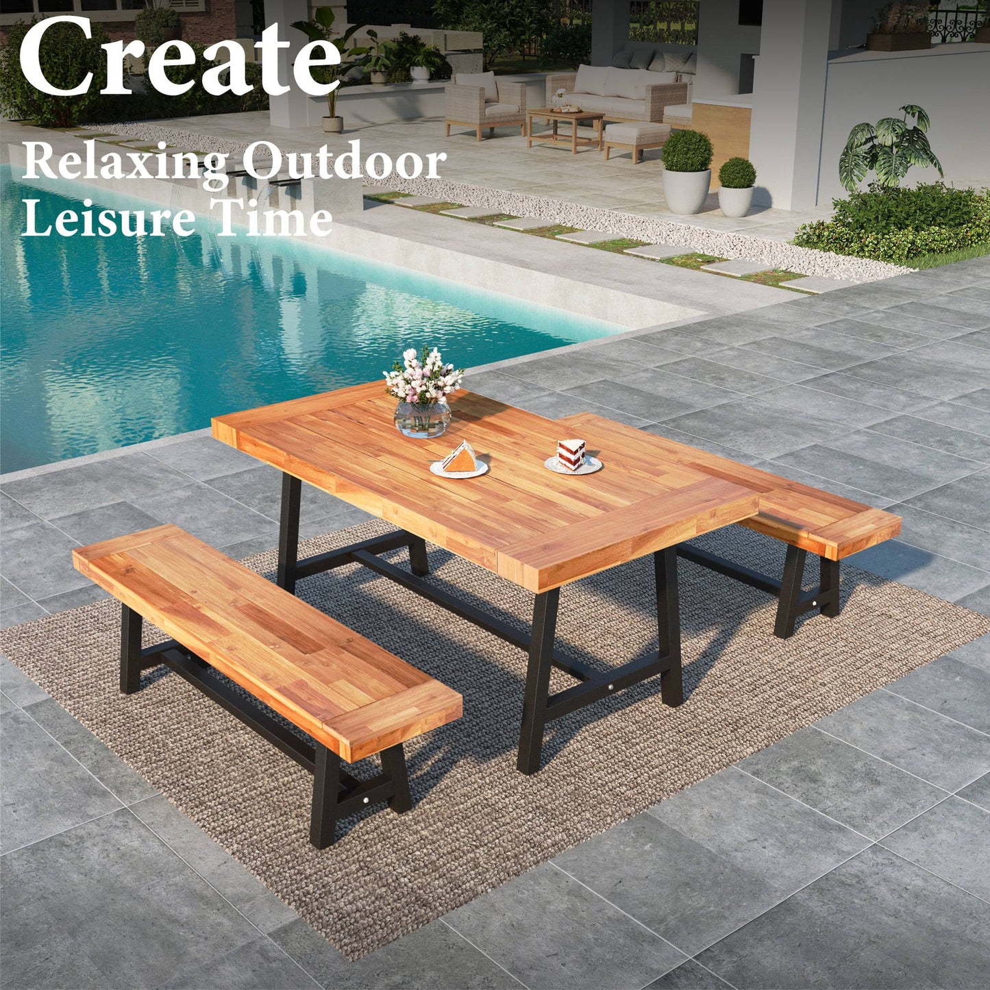 Set of 3 Patio Wood Garden Bench Set Outdoor Dining Set with 1 Acacia Table and 2 Pieces Bench Chairs Suitable for 4 People