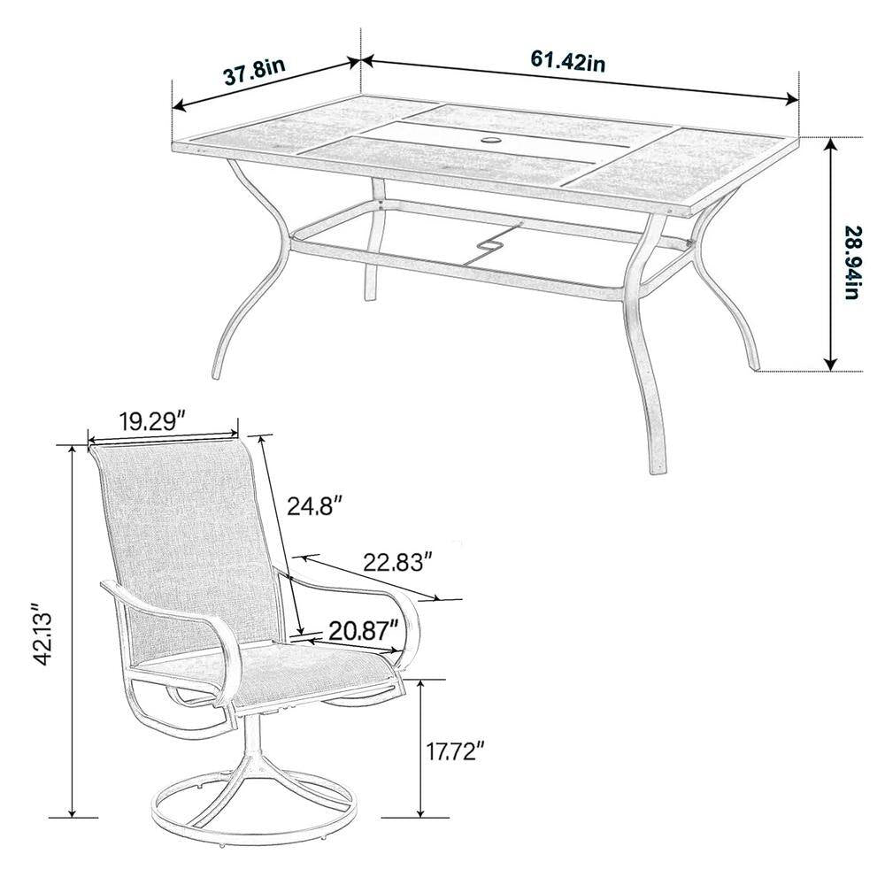 Black 7-Piece Metal Rectangle Patio Outdoor Dining Set with Geometric Table and Textilene Swivel Chairs