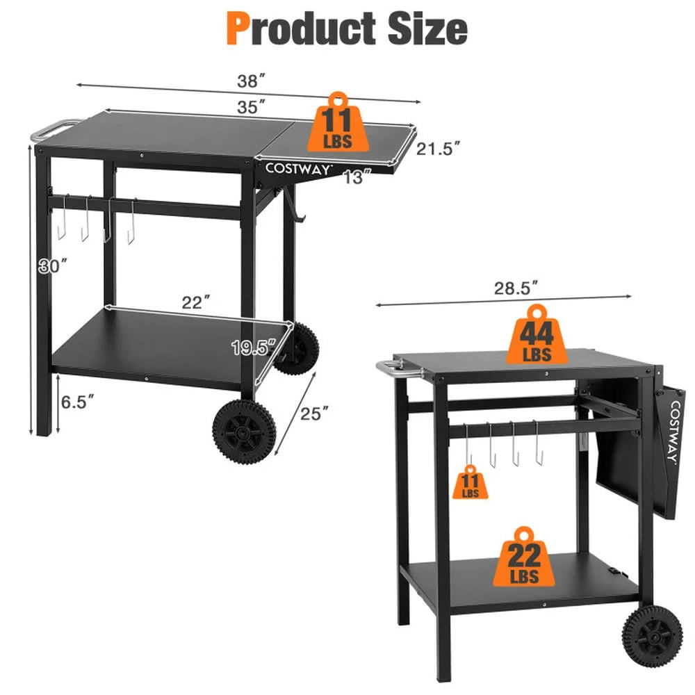 Outdoor Patio Barbecue Cooker, Outdoor Grills,Movable Outdoor Grill Cart with Folding Tabletop and Hooks-Black
