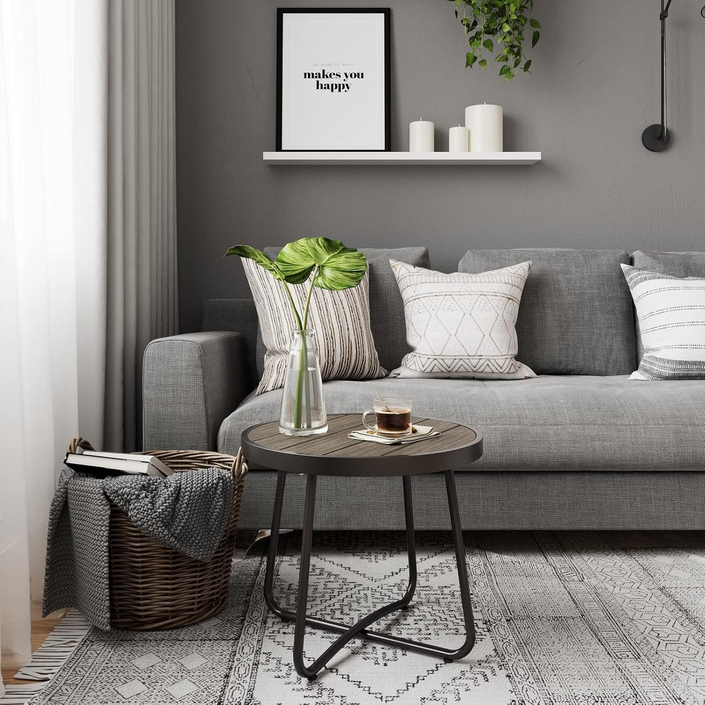 Outdoor Side Table, round End Table with Imitation Wood Tabletop, Dark Grey