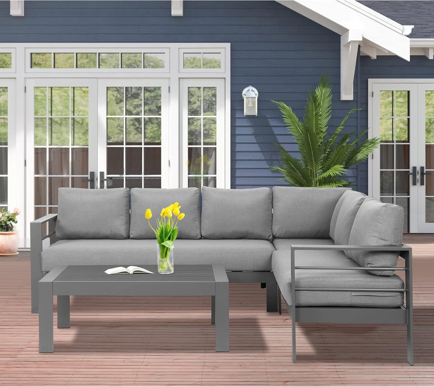 Patio Furniture Set, Outdoor Aluminum Sectional Sofa Couch with Coffe Table, All-Weather Metal Conversation Set with Upgraded Dark Grey Cushion