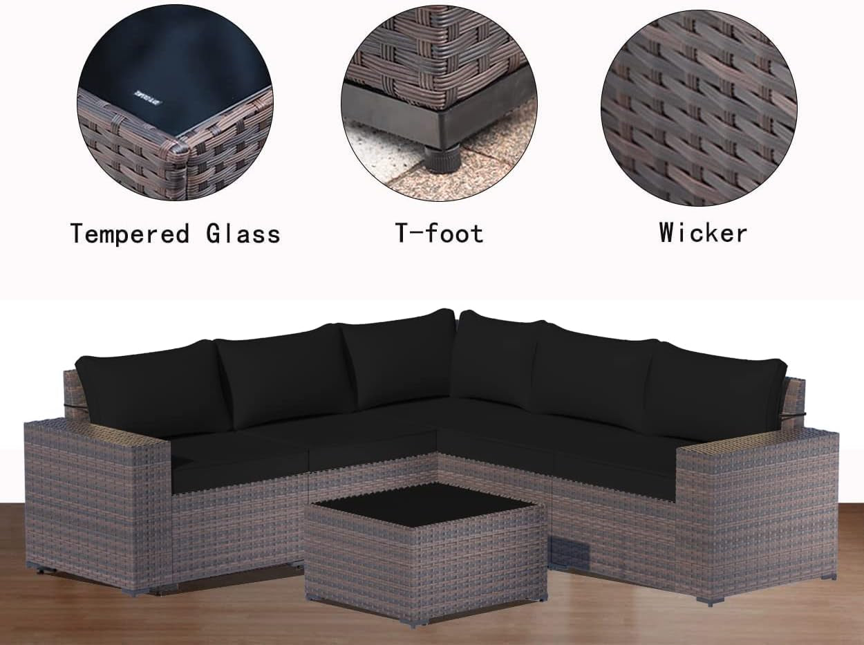 6 Piece Patio Furniture Sets Outdoor Conversation Sofa Set, All-Weather High Back PE Rattan Wicker Sectional Furniture Patio Sofa W/Tempered Glass Top Table&Thickened Cushions(Black)