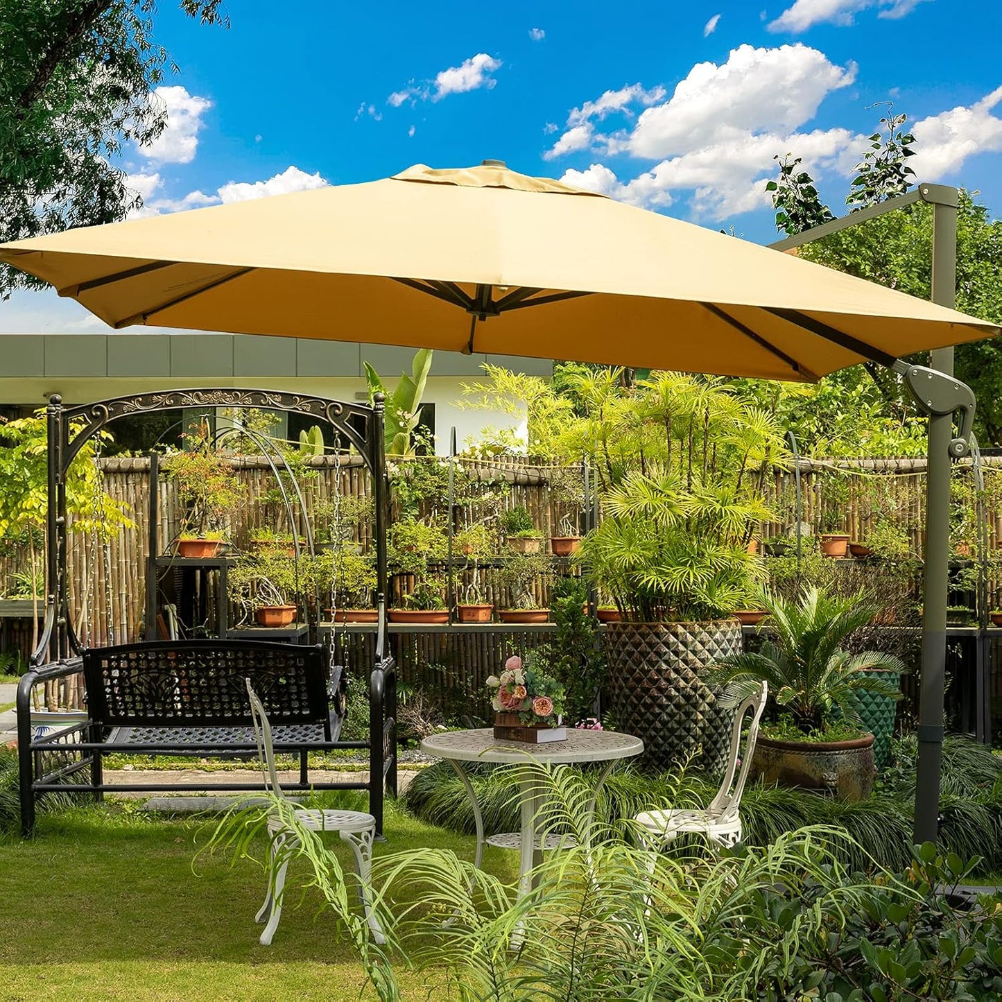 10X13Ft Cantilever Patio Umbrella Rectangular Deluxe Offset 360°Rotation & Integrated Tilting System Hanging Umbrella for Market Garden Deck Pool Backyard Patio (Tan)