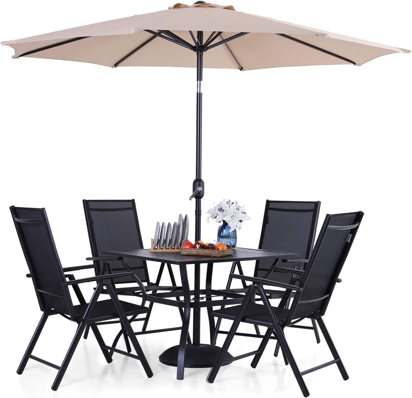 Outdoor Patio Dining Set for 4 with 9 FT Patio Umbrella, Patio Table and Chairs Set with Adjustable Patio Folding Chairs & Outdoor Dining Table, Beige Umbrella (No Base)
