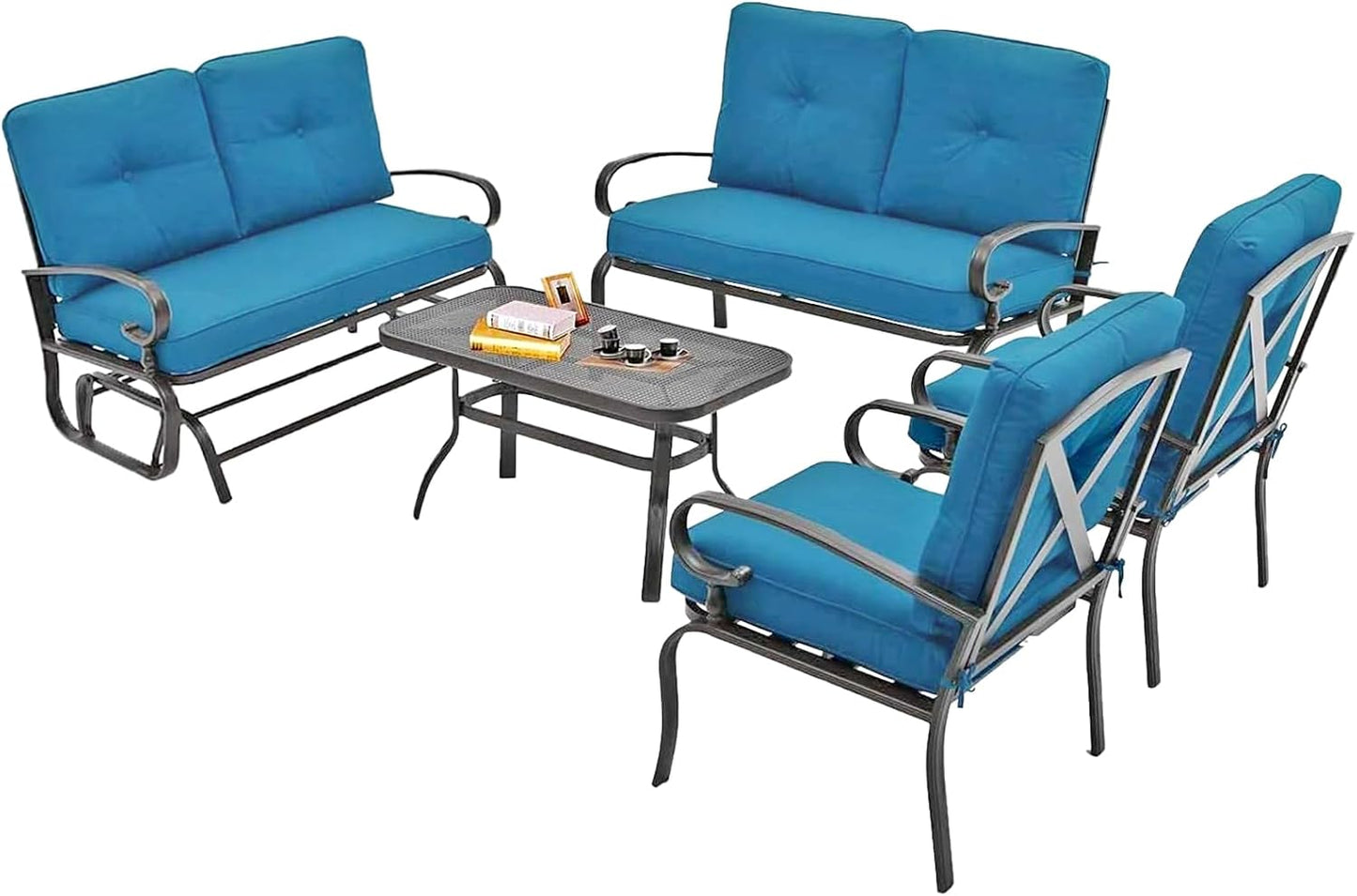 Outdoor Metal Furniture Sets 5 Pieces(6 Seats) Patio Conversation Set (Patio Swing Glider, 2 Patio Chairs, Loveseat with Coffee Table), Peacock Blue