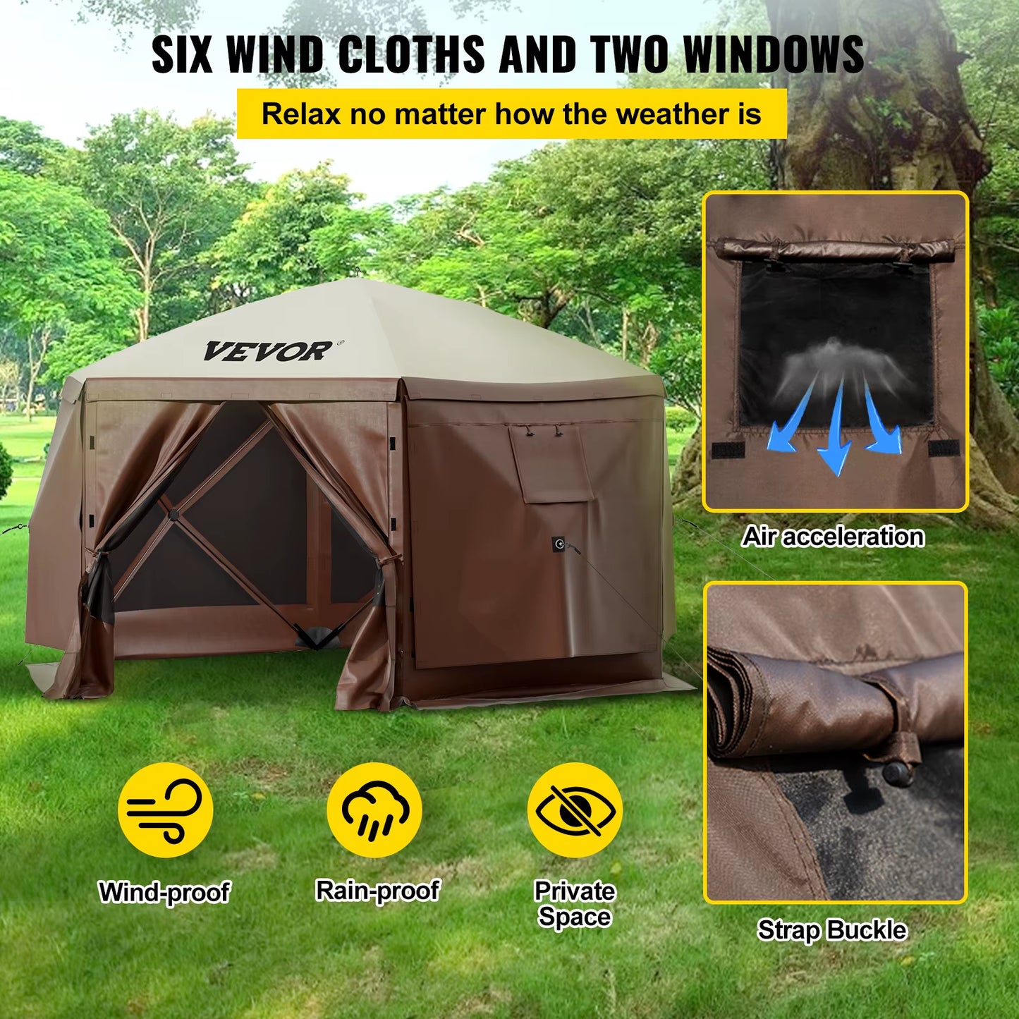 Gazebo Screen Tent 6 Sided Pop-Up Camping Canopy Shelter Portable Outdoor Large Shade Tents for Lawn and Backyard Camping