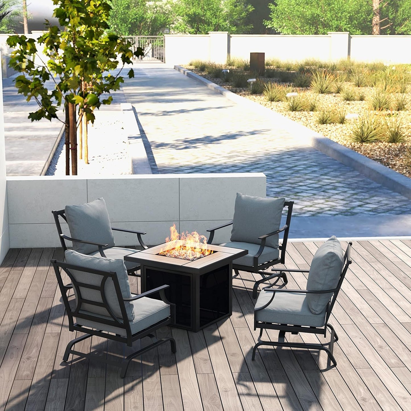 5-Piece Outdoor Furniture Conversation Sets with 32-Inch 40000 BTU Heat Propane Gas Fire Pit Table CSA Approved Ceramic Tile & Grey Olefin Cushion Rocking Chairs