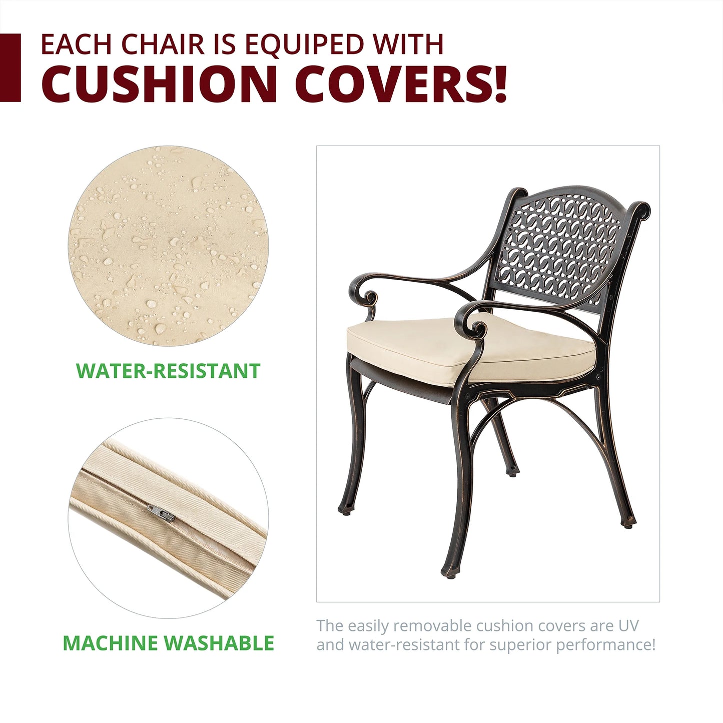 5-Piece Cast Aluminum Patio Set, Metal Patio Dining Set, Patio Furniture Sets, Outdoor Furniture, Outdoor Table and Chairs with Cushions