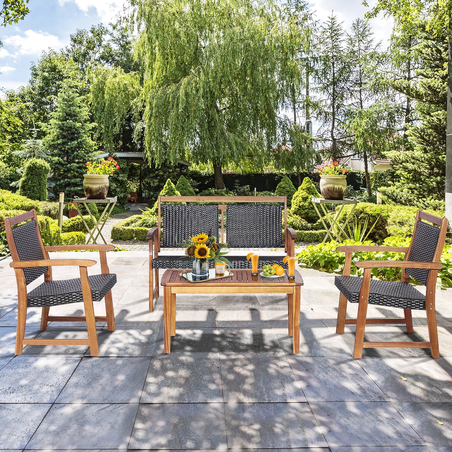 4 PCS Patio Rattan Furniture Set Acacia Wood Frame Sofa Loveseat Garden