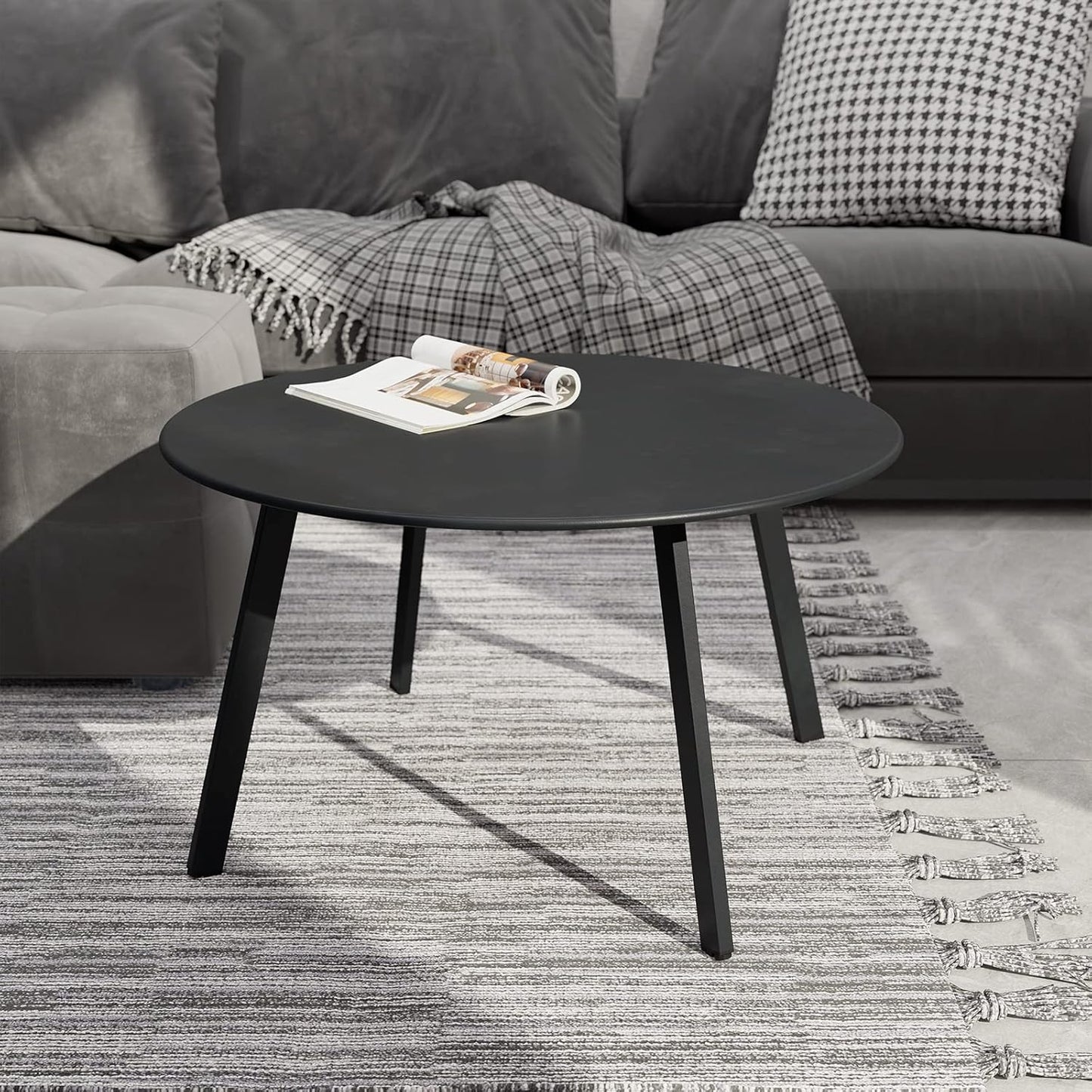 28-Inch round Side Table, Modern Steel Outdoor End Side Table for Patio Apartment Bedroom Living Room Balcony, Black