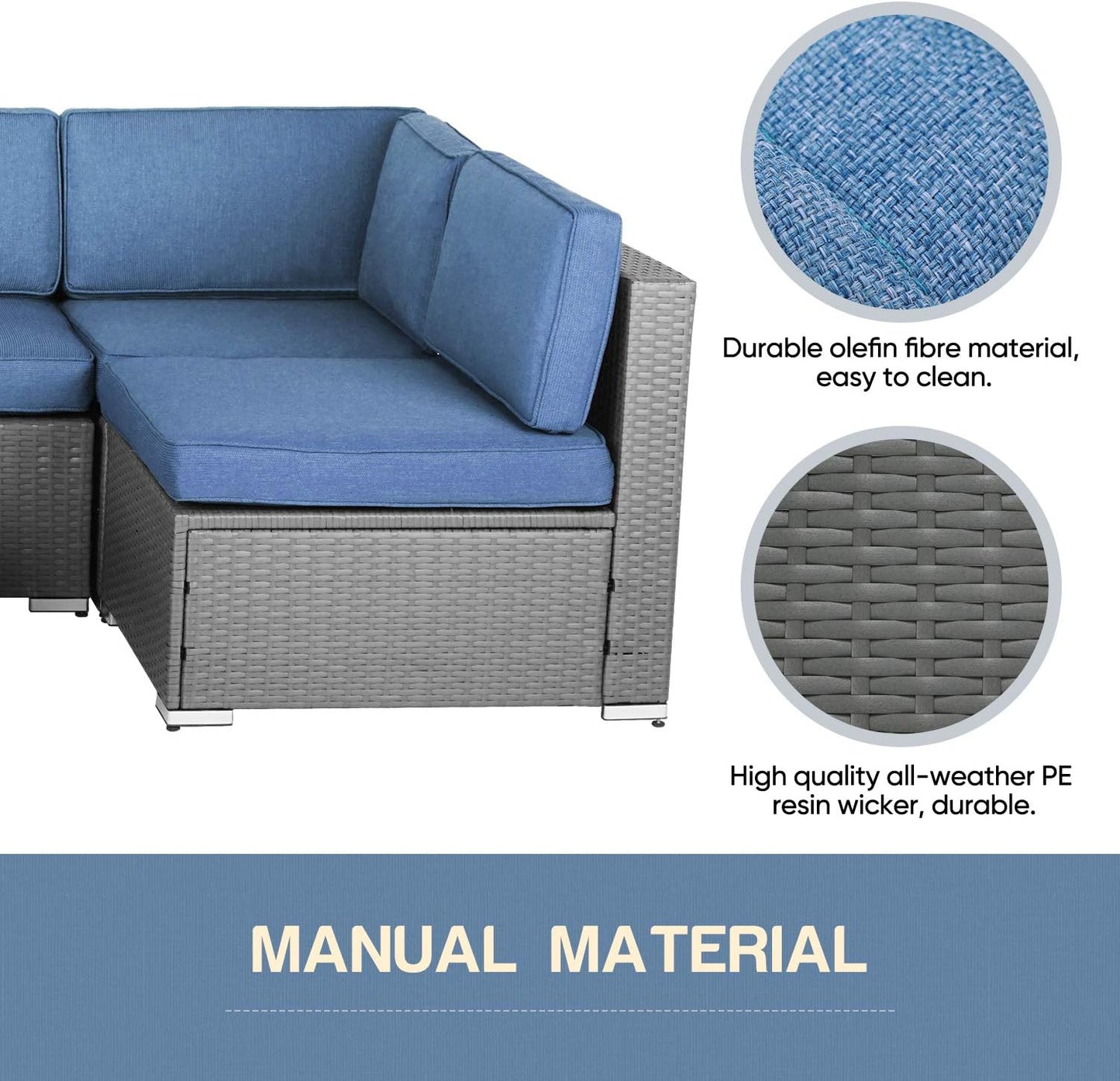 7-Piece Outdoor Furniture Set, Gray Wicker Patio Conversation Set Modular Outdoor Sectional Sofa with YKK Zipper & Coffee Table - Denim Blue