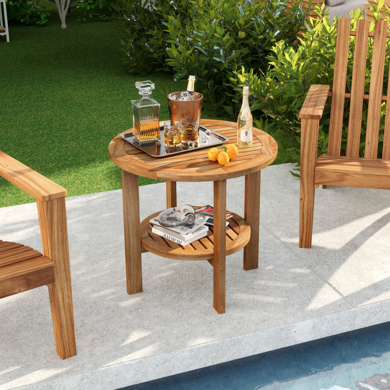 Outdoor Teak Wood round Side Table Patio End Table with Slatted Storage Shelf