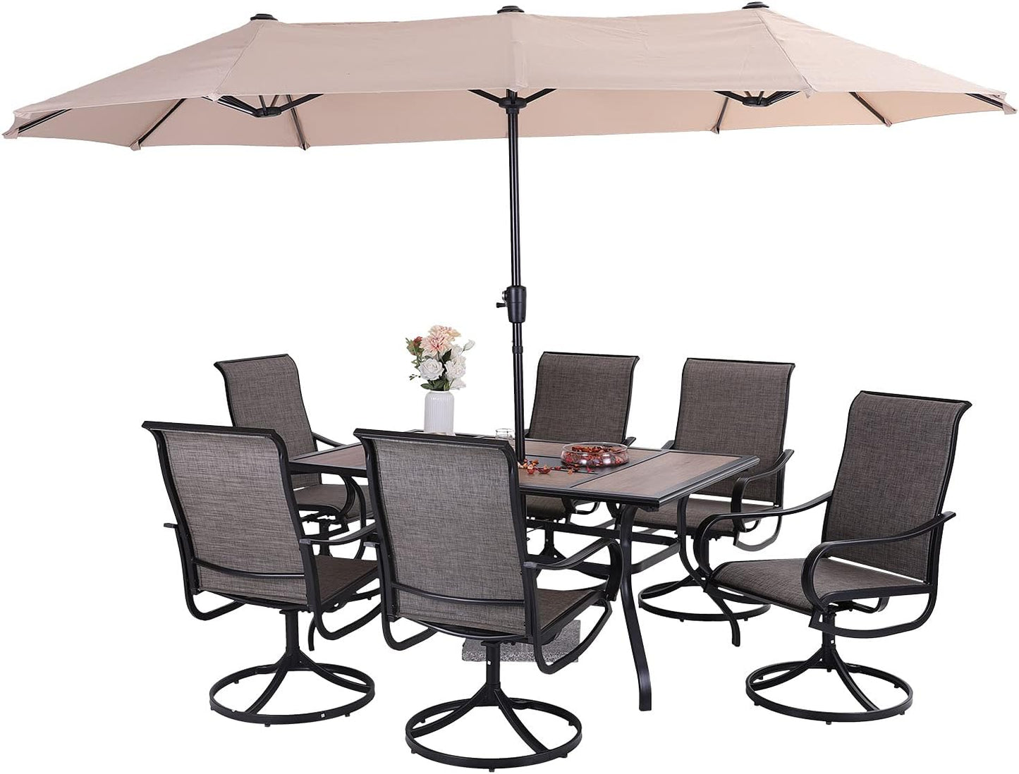 Patio Dining Set 8 Pieces Outdoor Metal Furniture Set with 13Ft Double-Sided Patio Umbrella Beige, 6 X Swivel Patio Dining Chairs, 1 Wood like Umbrella Table for Patio Garden