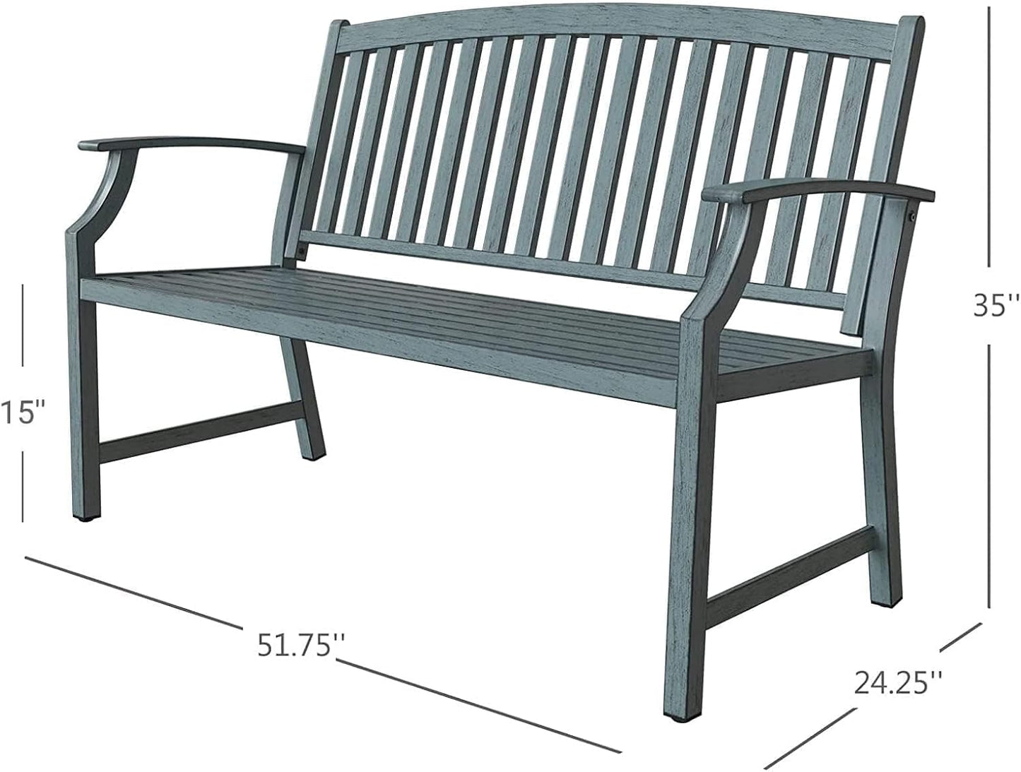 Farmhouse Outdoor Bench, Garden Benches with Anti-Rust Aluminum Metal Frame, Faux Wood Grain Finish Frame Patio Bench for Front Porch, Weathered Blue