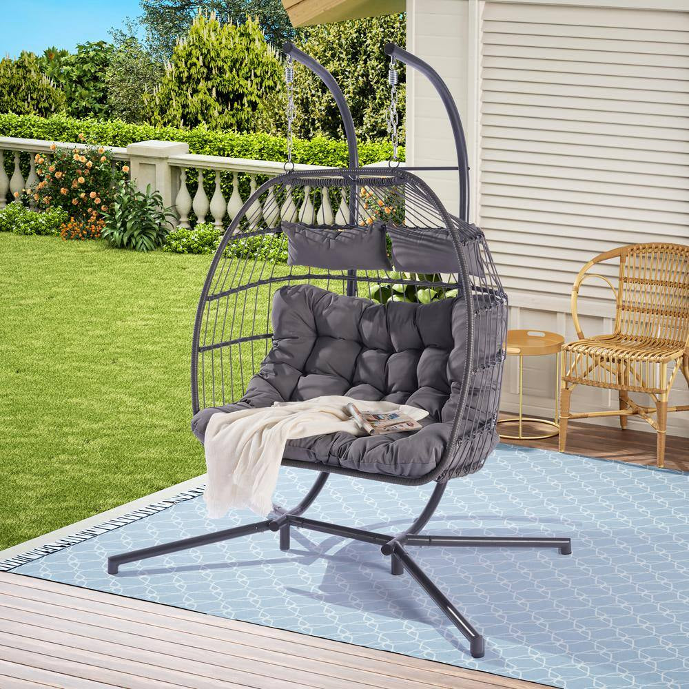 Patio 60.1 In. W 2-Person Wicker Patio Swing Hanging Chair Egg Chair with Cushions