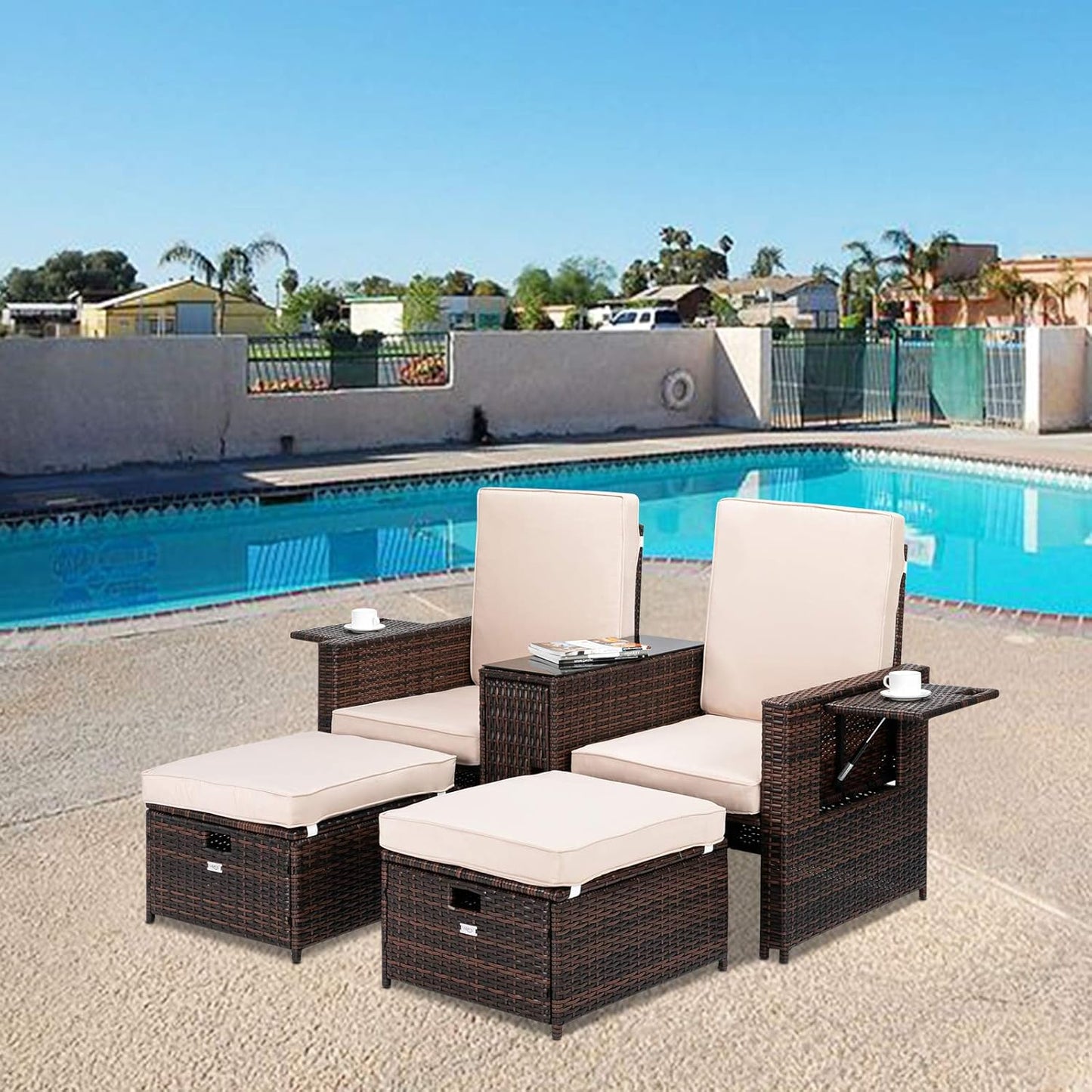5 PCS Patio Wicker Loveseat Outdoor Patio Adjustable Lounge Chair with Ottoman, Patio Conversation Set Outdoor Rattan Sofa Set for Garden, Patio, Balcony (Brown)