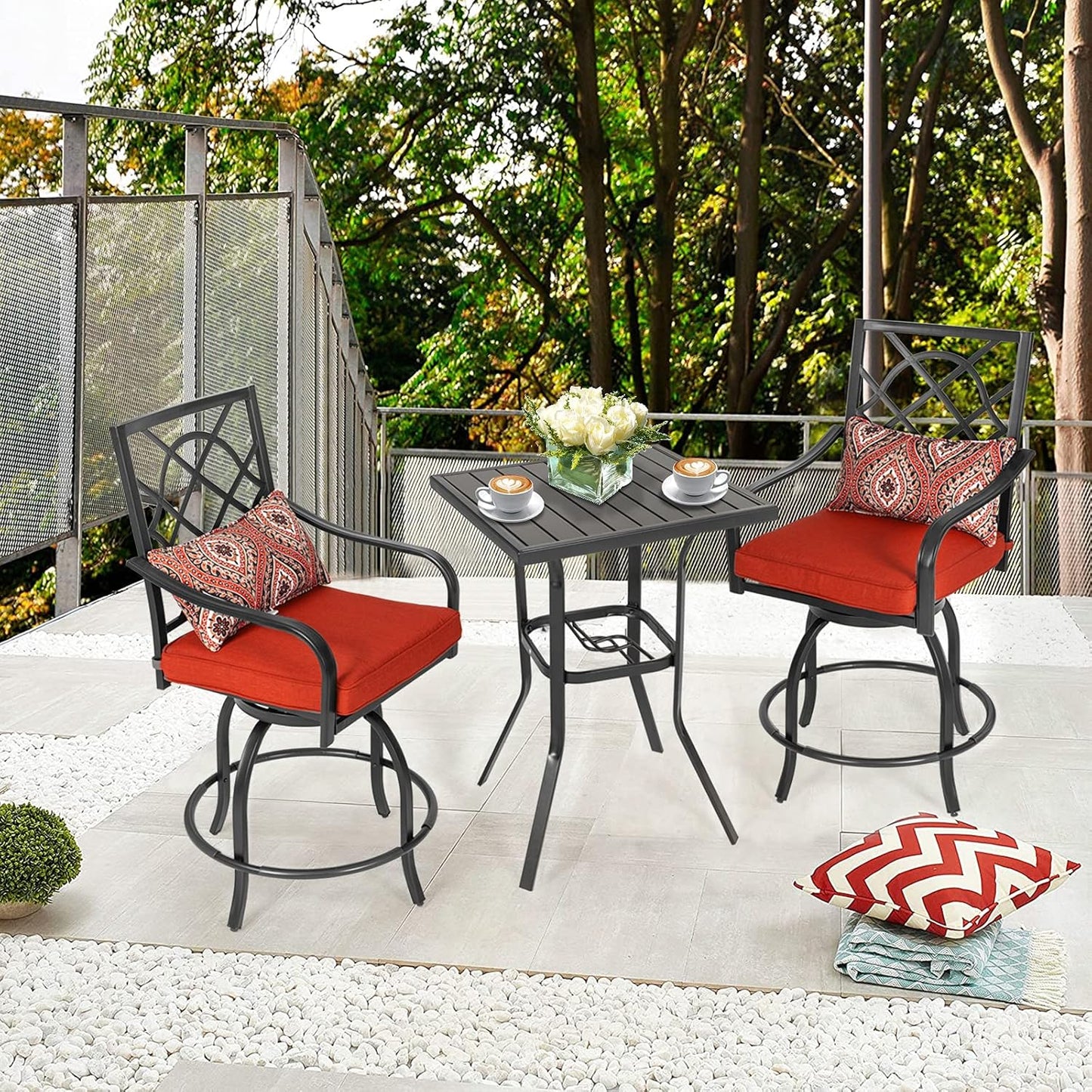 3-Piece Outdoor Patio Swivel Bar Stool Set with Height Outdoor Bar Table (Slat Desktop) and Patio High Swivel Bar Stool Chairs