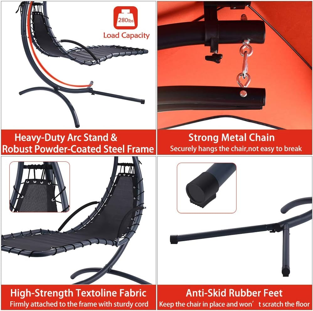 Patio Chair Hammock Chair Hanging Chairs Indoor Outdoor Swing Lounge Chair with Pillow, Canopy, Stand - Heavy Duty Arc Stand Floating Curved Chaise for Pool, Backyard, Deck - Orange