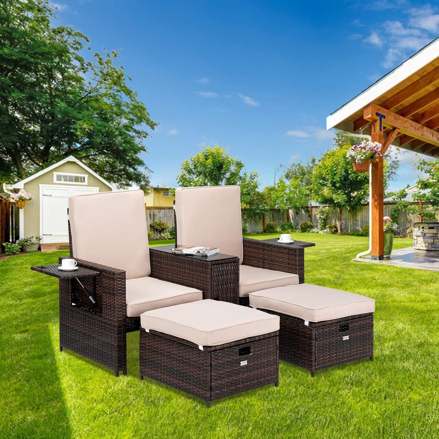 5 PCS Patio Wicker Loveseat Outdoor Patio Adjustable Lounge Chair with Ottoman, Patio Conversation Set Outdoor Rattan Sofa Set for Garden, Patio, Balcony (Brown)