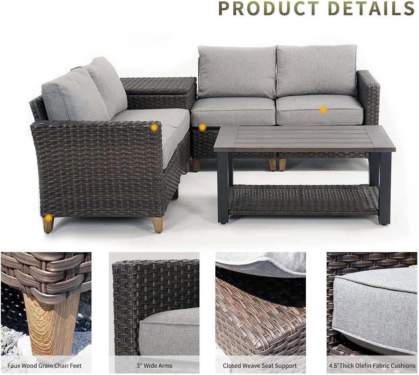 Sofa Sets Outdoor Furniture Sets 6 Pieces Conversation Set, PE Wicker Patio Furniture Sectional Sofa with Thick Olefin Cushions for Yard Garden Porch &Brown