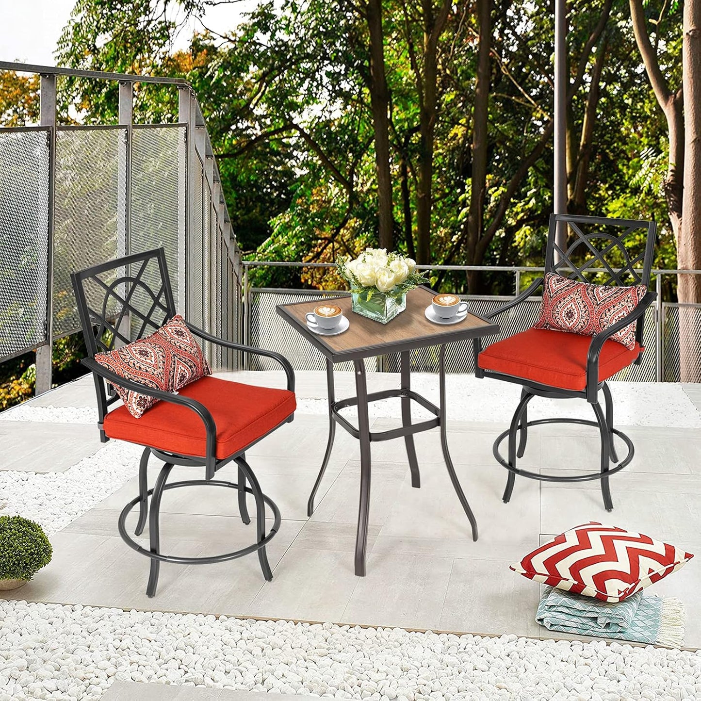 3-Piece Outdoor Patio Swivel Bar Stool Set with Height Outdoor Bar Table (Wood-Like Desktop) and Patio High Swivel Bar Stool Chairs