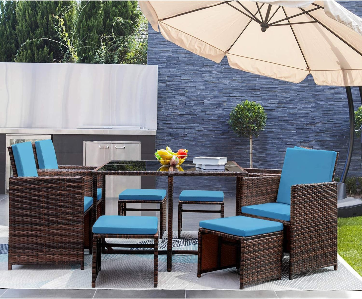 9 Pieces Patio Dining Outdoor Table and Chairs Table Set with Space Saving Rattan Chairs Patio Furniture Sets Cushioned Seating and Back (Blue)