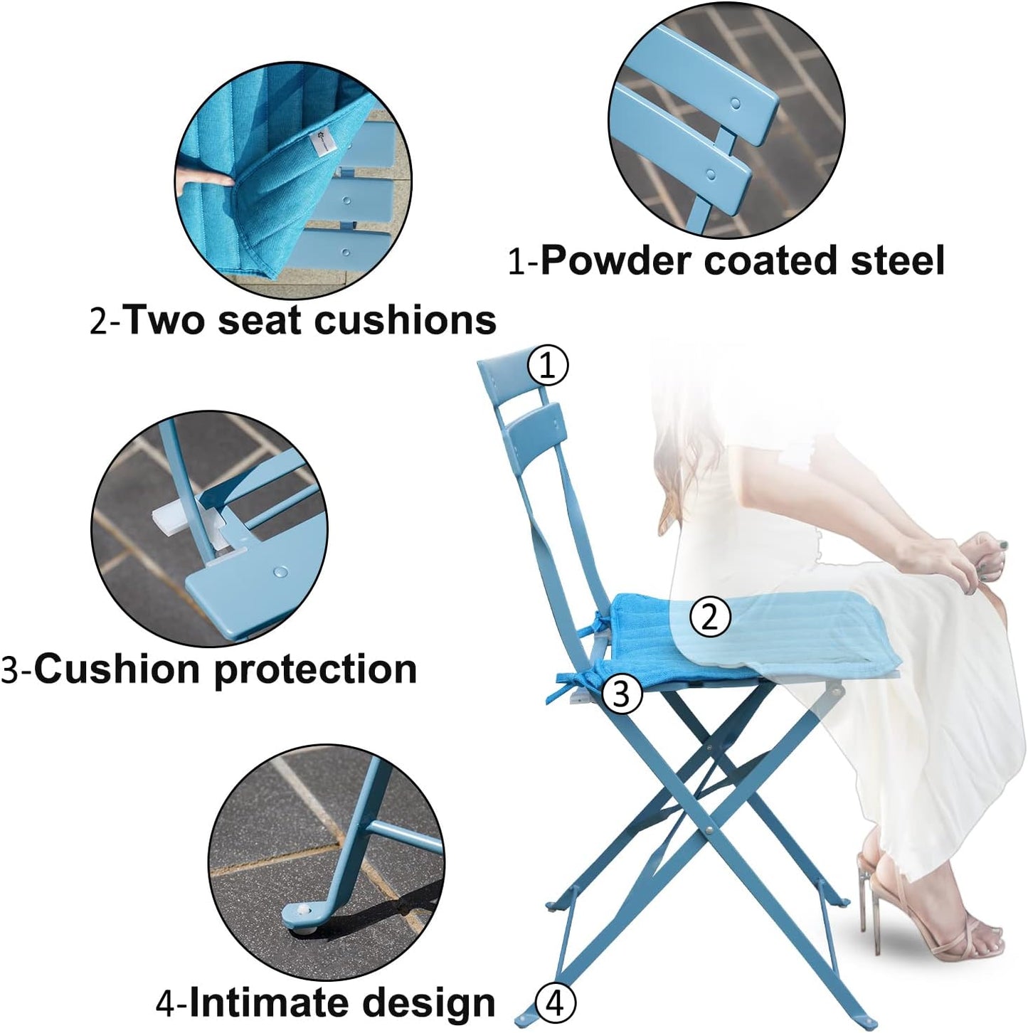 Patio Bistro Set, Outdoor Patio Furniture Sets, 3 Piece Patio Set of Foldable Bistro Chairs and Table, Light Blue