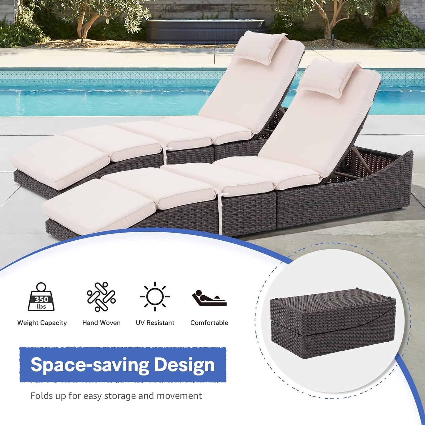 Folding Outdoor Adjustable Chaise Lounge Chair with Removable Cushion, Fully Assembled, Patio PE Rattan Reclining Lounger for Pool Beach, Dark Brown Rattan & Beige Cushion