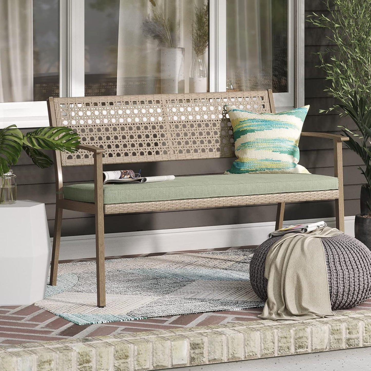 Outdoor Bench, Wicker Patio Benches with Cushion, Patio Loveseat for Front Porch Backyard outside Furniture Decor (Green Cushion, Wicker Rattan)