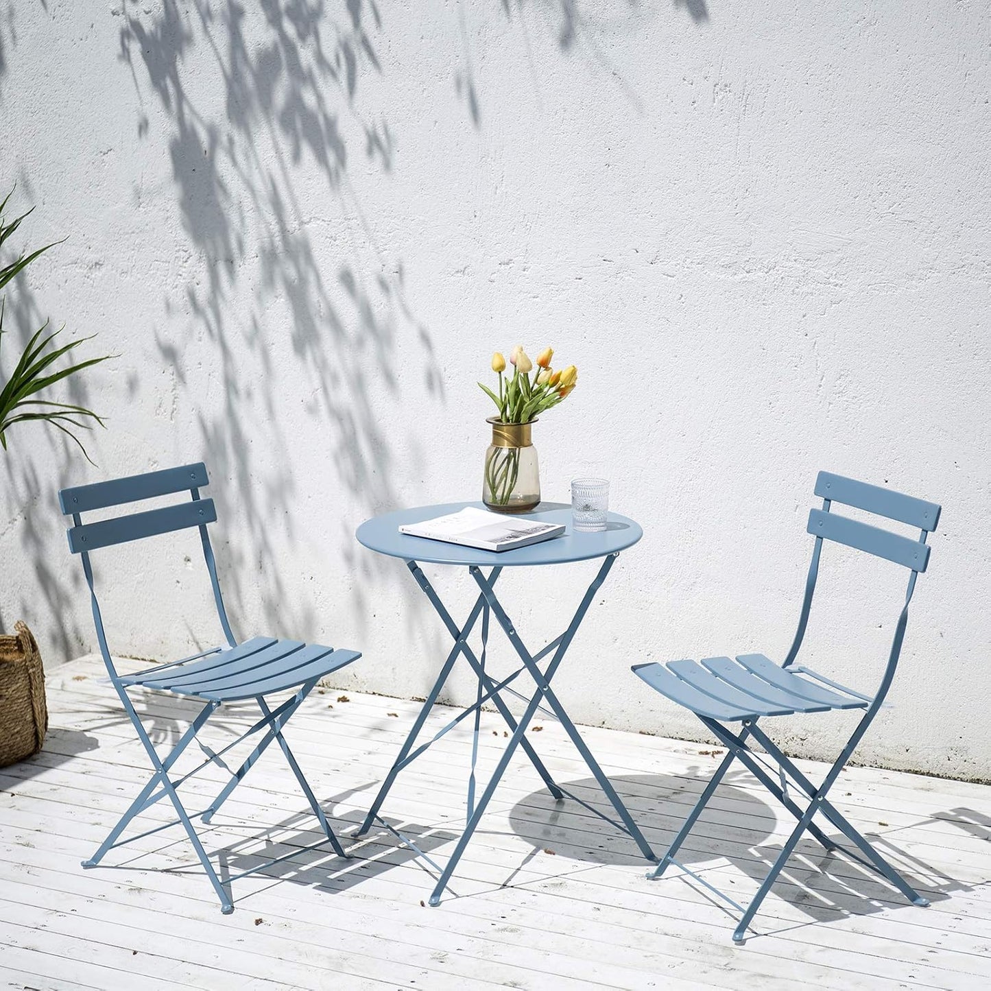 Patio Bistro Set, Outdoor Patio Furniture Sets, 3 Piece Patio Set of Foldable Bistro Chairs and Table, Light Blue