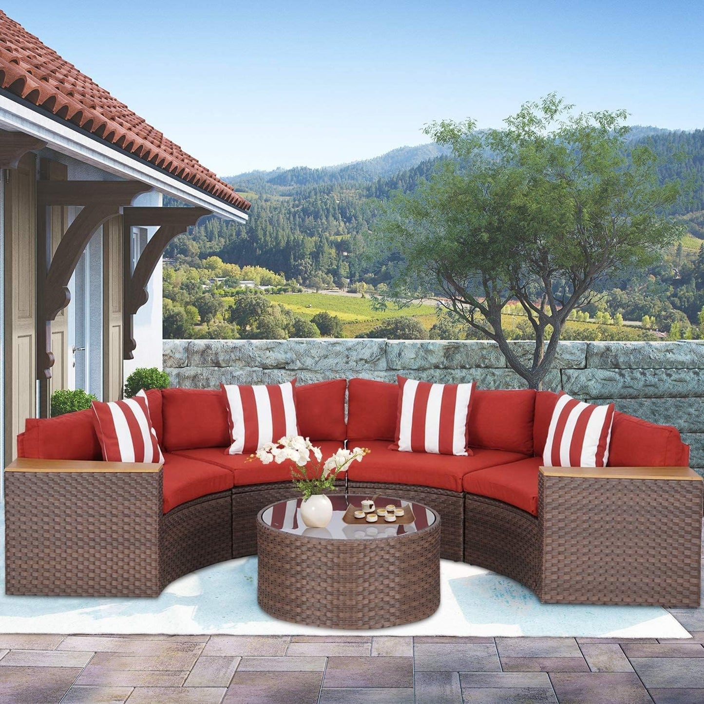 5-Piece Patio Sectional Furniture Set Half-Moon Patio Set Brown Wicker Curved Outdoor Sofa with Red Cushions & round Glass Coffee Table (Pillow Included)