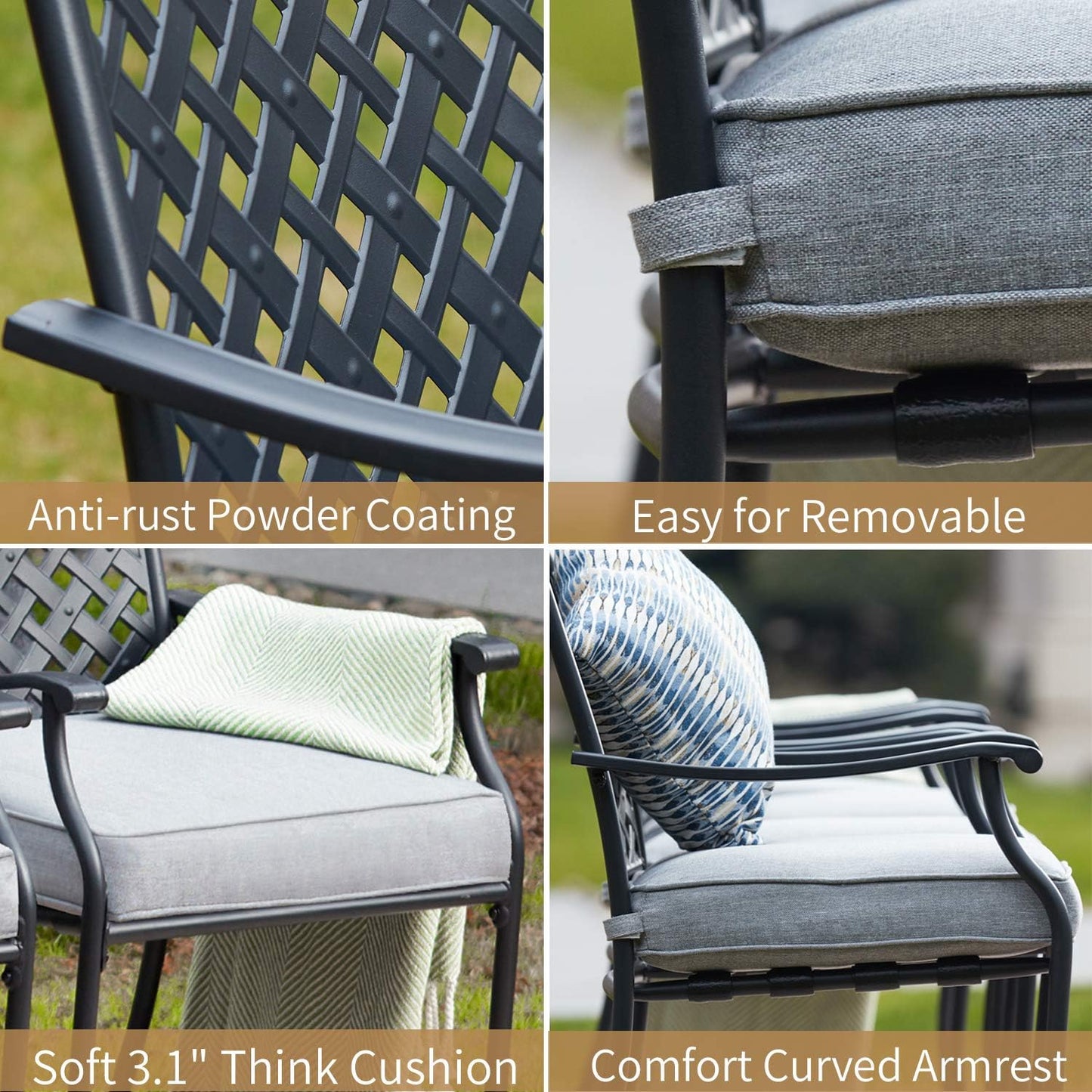 Metal Dining Chair Indoor Outdoor Use Patio Dinning Chairs Set,Dining Bistro Cafe Side Metal Chairs Set of 4 with Arms and Seat Cushions(4 PC, Grey)
